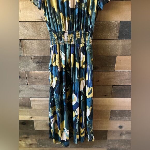 Evereve Abstract Print Elastic Waist Midi Dress Short Sleeve Size S Made in USA - Picture 4 of 10